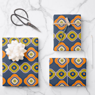 Boho 70er Retro Shapes Muster Blue Orange Geschenkpapier Set
