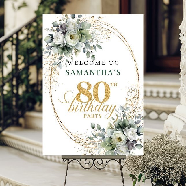 Boho 80. Geburtstag Grün Gold Willkommensschild Poster (Boho 80th Greenery Gold Birthday Welcome Sign)