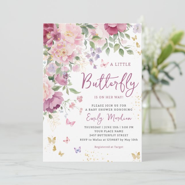 Boho A Little Butterfly Floral Girl Baby Dusche Einladung (Stehend Vorderseite)