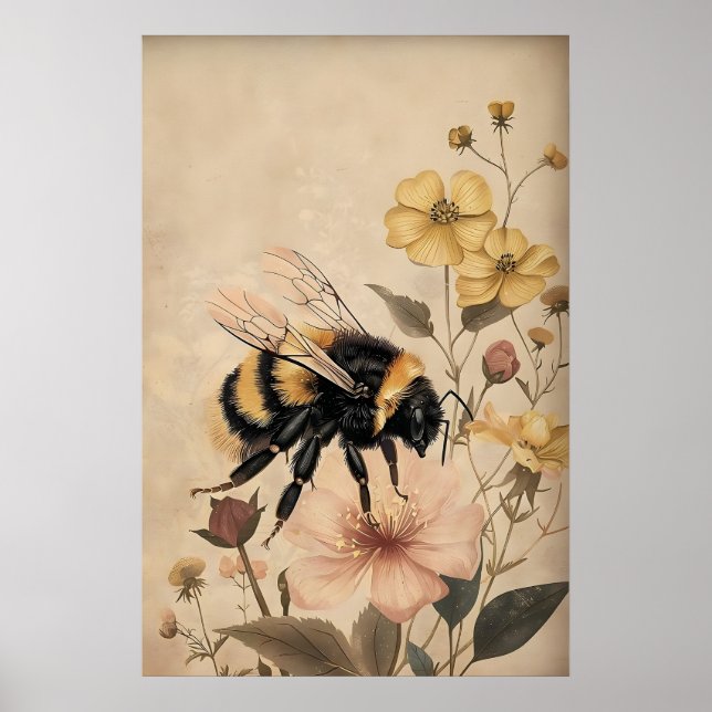 Boho Abeille en impression de fleur jaune, mur bot (Devant)