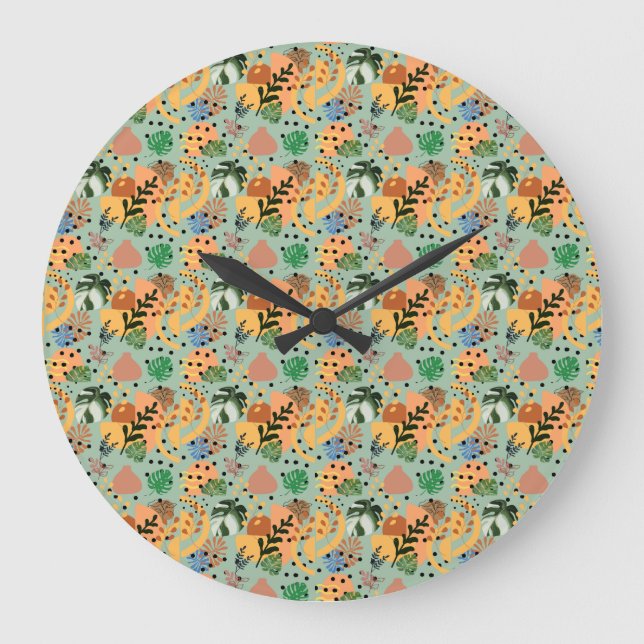 boho abstract tropical pattern -minimal leaf desig große wanduhr (Vorderseite)