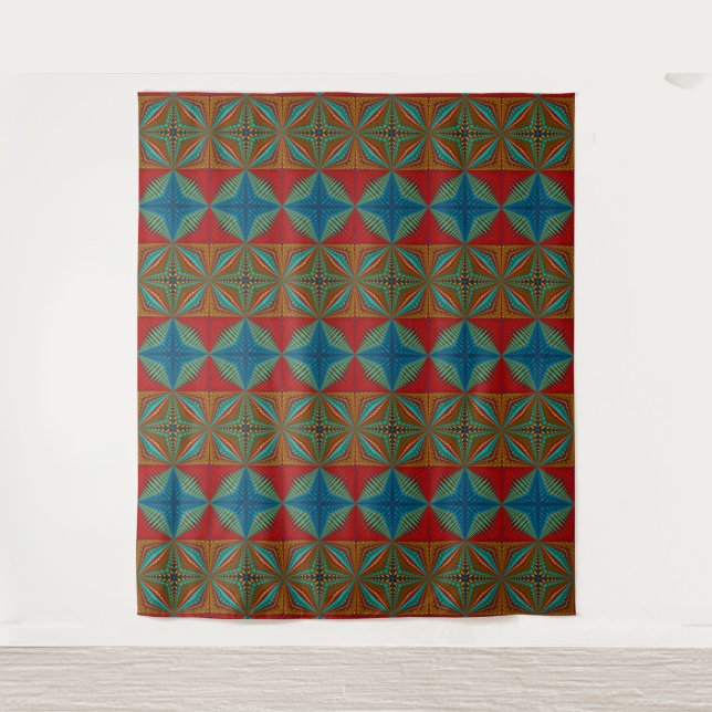 Boho Abstrakt Hippie Cool Red Blue Ethnic Trippy Wandteppich (Vorderseite)