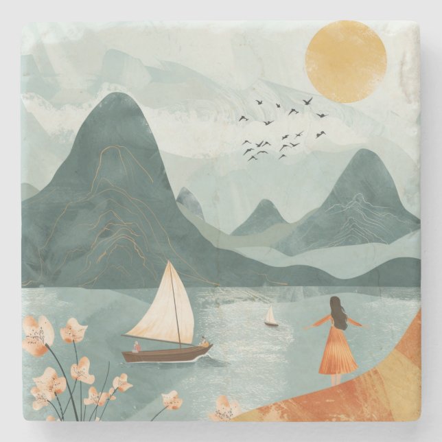 Boho Abstrakt Landschaft (11) Steinuntersetzer (Vorderseite)