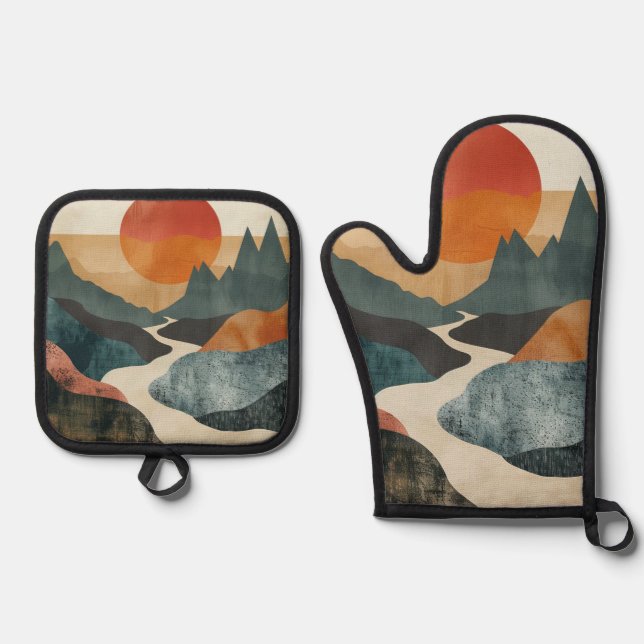 Boho Abstrakt Landschaft (5) Ofenhandschuh & Topflappen-Set (Vorderseite)