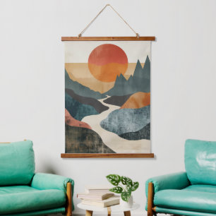 Boho Abstrakt Landschaft (5) Wandteppich Mit Holzrahmen