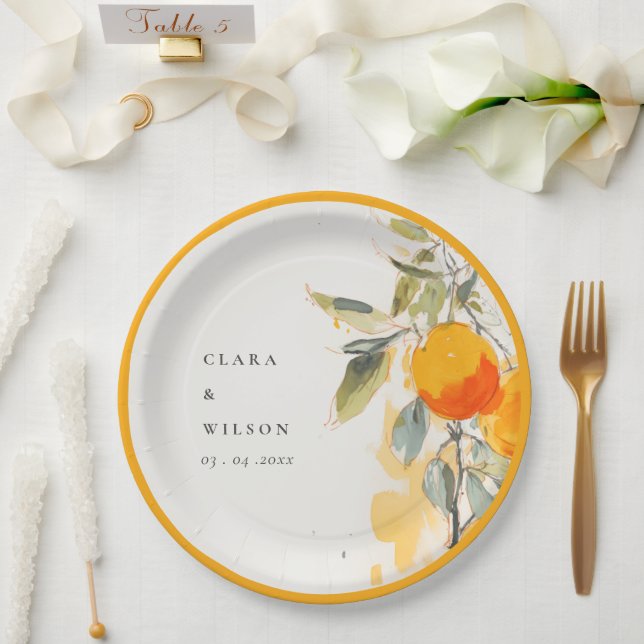 Boho Abstrakt Sketchy Orange Garden Wedding Pappteller (Hochzeit)