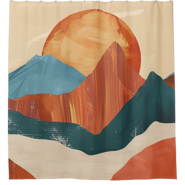 Boho Abstrakte Bergwelt mit Sonne Duschvorhang (Vorderseite)