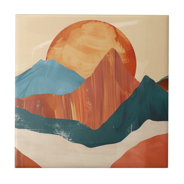Boho Abstrakte Bergwelt mit Sonne Fliese (Vorderseite)