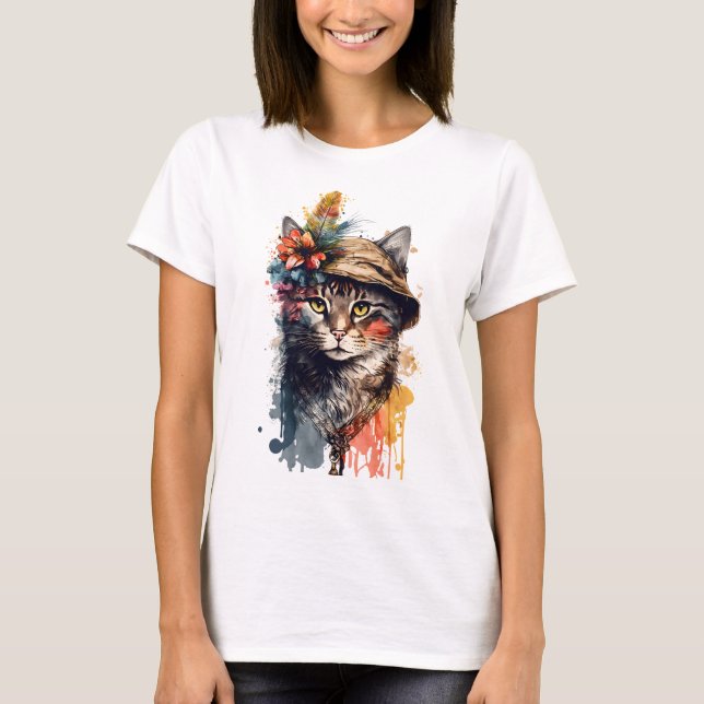 BOHO ABSTRAKTE WASSERFARBKATZE MIT BLUME T-Shirt (Vorderseite)