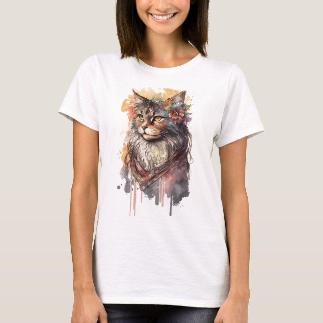 BOHO ABSTRAKTE WASSERFARBKATZE MIT BLUME T-Shirt (Vorderseite)