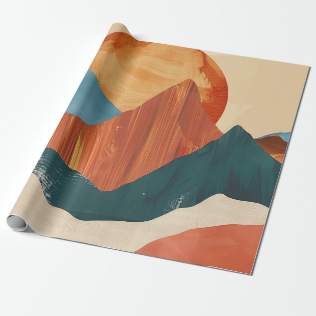 Boho abstraktes Berglandschaft mit Sonne Geschenkpapier (Ungerollt)