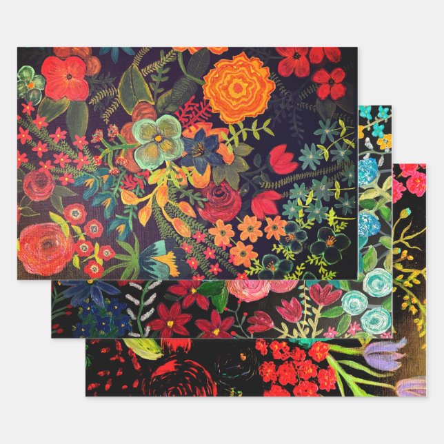 Boho-Acrylgemälde Blumendesign Geschenkpapier Set (Set)