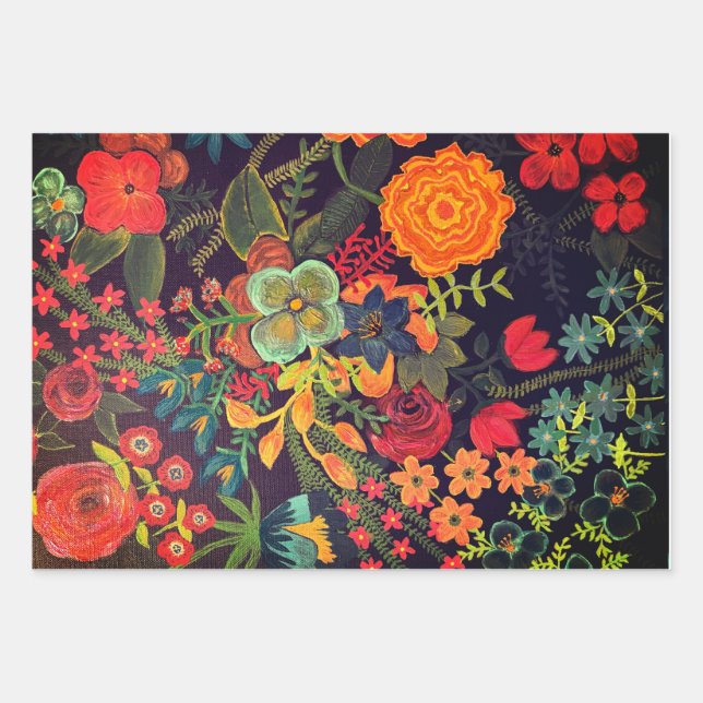 Boho-Acrylgemälde Florales Design Geschenkpapier Set (Vorderseite)