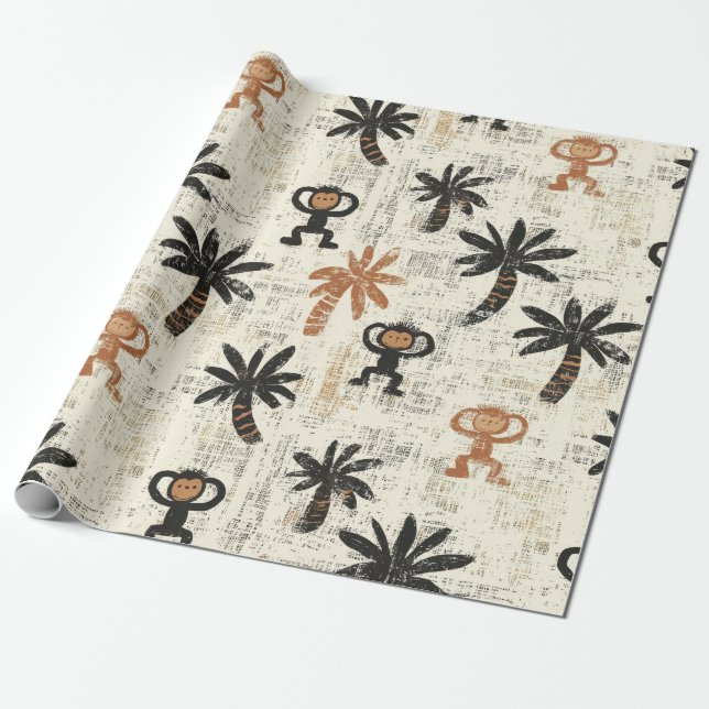 Boho-Affen-Dschungel-Safari-Muster Geschenkpapier (Ungerollt)
