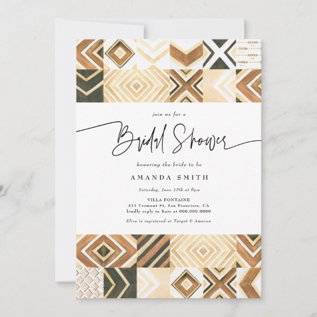 Boho African Tiles Safari Earth Tone Brautparty Einladung (Vorderseite)
