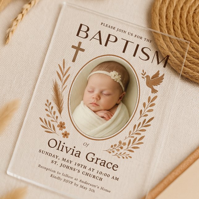Boho Akrylic Taufe Einladung mit Foto und Dov (acrylic-minimalistic-baptism-invitation-photo-cross-leaves.png)