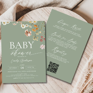 Boho All in One Wildblume Sage Green Baby Dusche Einladung