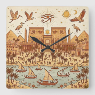 Boho-Altägyptische Stadtillustration-Terrakotta Quadratische Wanduhr