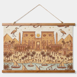 Boho-Altägyptische Stadtillustration-Terrakotta Wandteppich Mit Holzrahmen