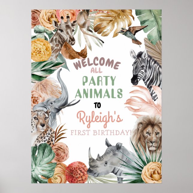 Boho Animal Safari Affiche de bienvenue d'annivers (Devant)