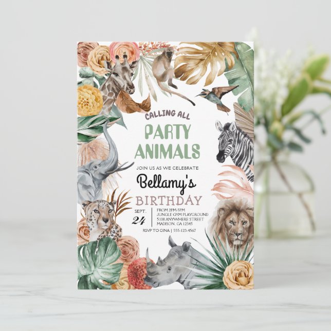 Boho Animal Safari Einladung zum Geburtstag (Stehend Vorderseite)