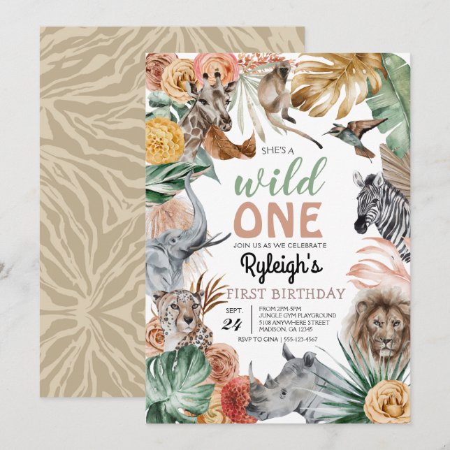Boho Animal Safari Wild One Geburtstag Einladung (Vorne/Hinten)