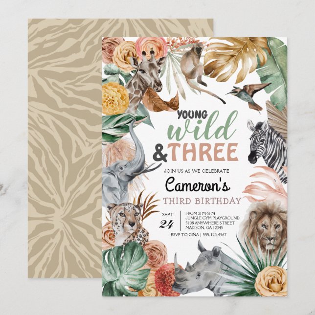 Boho Animal Safari Wild und Three Birthday Einladung (Vorne/Hinten)