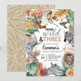 Boho Animal Safari Wild und Three Birthday Einladung