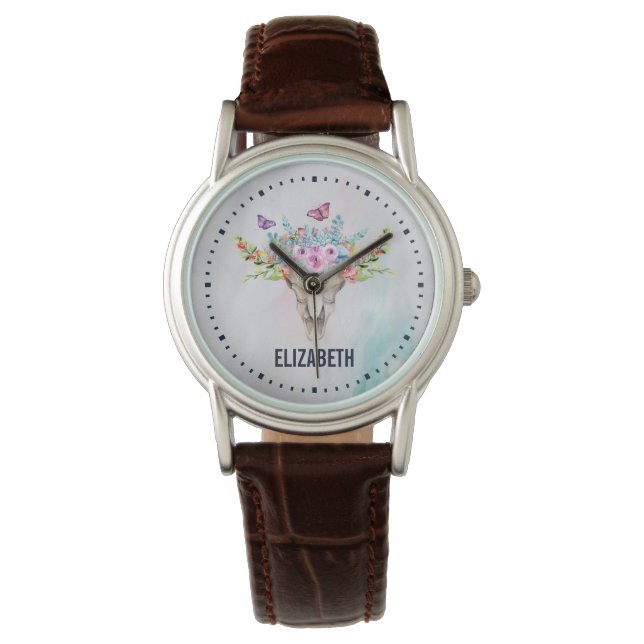 Boho Animal Skull mit Schmetterlingen und Blume Armbanduhr (Vorderseite)
