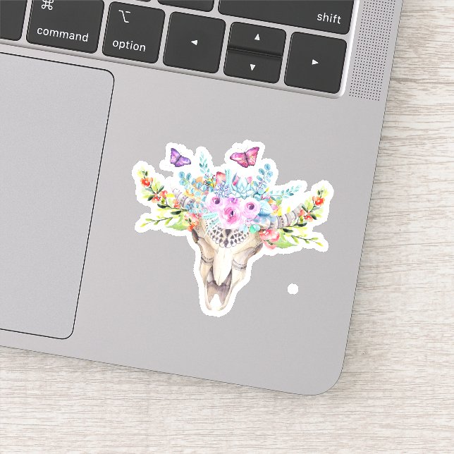 Boho Animal Skull mit Schmetterlingen und Blume Aufkleber (Detail)