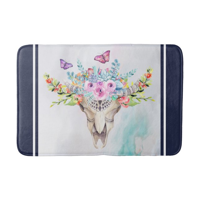 Boho Animal Skull mit Schmetterlingen und Blume Badematte (Vorderseite)