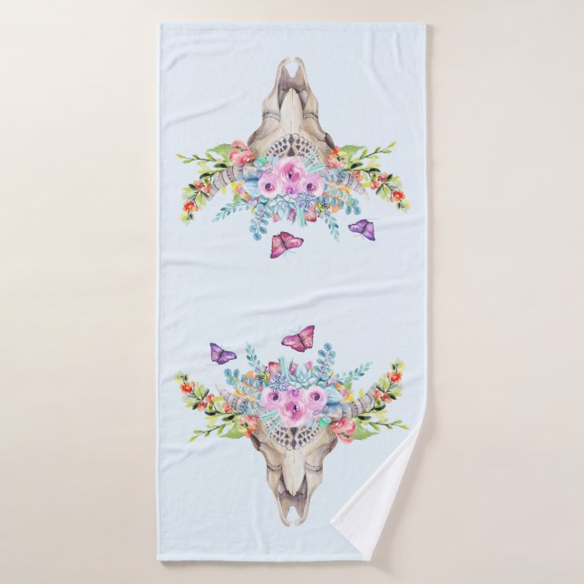Boho Animal Skull mit Schmetterlingen und Blume Badhandtuch Set (Badehandtuch)