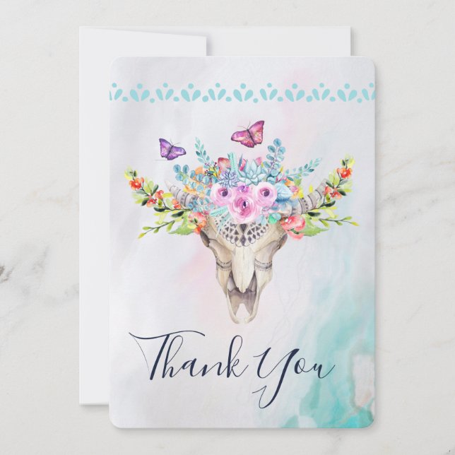 Boho Animal Skull mit Schmetterlingen und Blume Dankeskarte (Vorderseite)