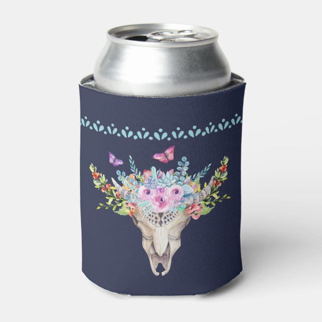 Boho Animal Skull mit Schmetterlingen und Blume Dosenkühler (Kanne Vorderseite)