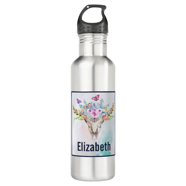 Boho Animal Skull mit Schmetterlingen und Blume Edelstahlflasche (Vorderseite)