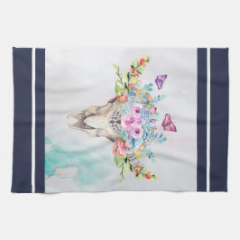 Boho Animal Skull mit Schmetterlingen und Blume Geschirrtuch