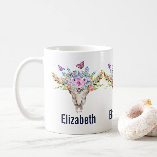 Boho Animal Skull mit Schmetterlingen und Blume Kaffeetasse (Mit Donut)