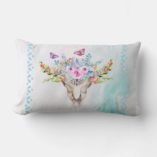 Boho Animal Skull mit Schmetterlingen und Blume Lendenkissen (Vorderseite)