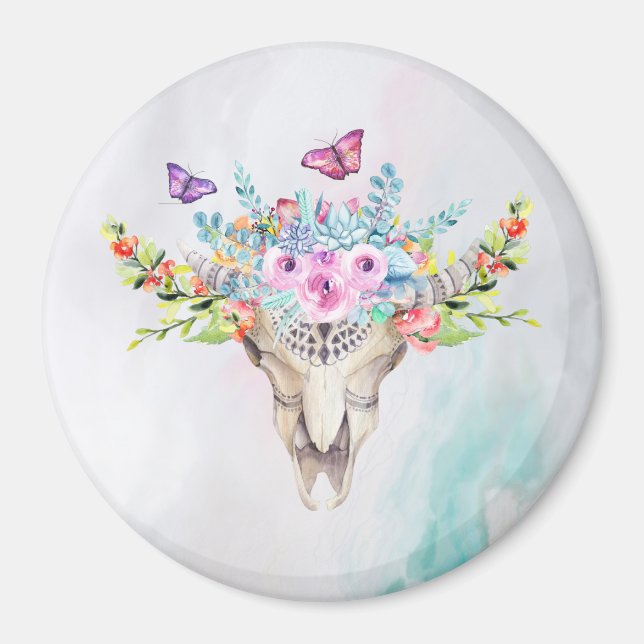 Boho Animal Skull mit Schmetterlingen und Blume Magnet (Vorne)