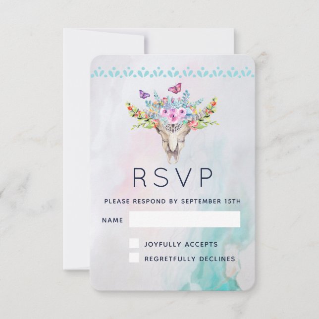 Boho Animal Skull mit Schmetterlingen und Blume RSVP Karte (Vorderseite)
