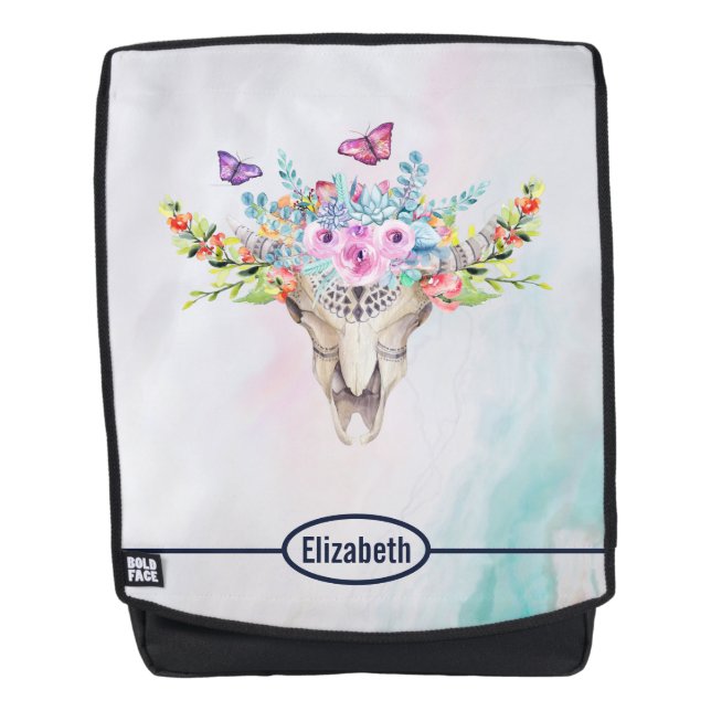 Boho Animal Skull mit Schmetterlingen und Blume Rucksack (Vorderseite)
