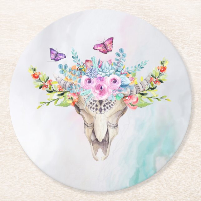 Boho Animal Skull mit Schmetterlingen und Blume Runder Pappuntersetzer (Vorderseite)
