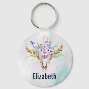 Boho Animal Skull with Butterflies and Flowers Schlüsselanhänger