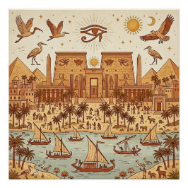 Boho-Antikes-Ägypten-Stadt-Illustration-Terrakotta Poster
