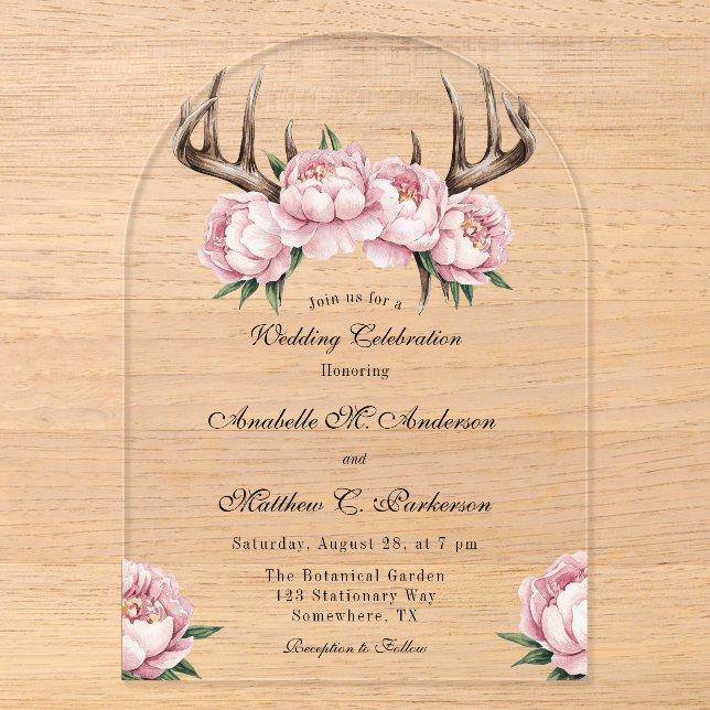 Boho Antler mit Pink Peonies Hochzeitsfeier Acryleinladungen (Vorderseite)