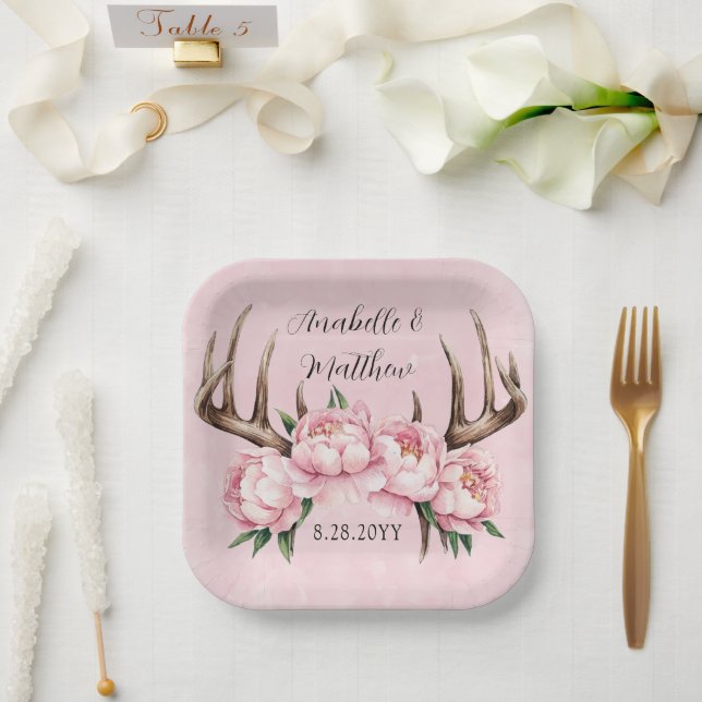 Boho Antler mit Pink Peonies Wedding Pappteller (Hochzeit)
