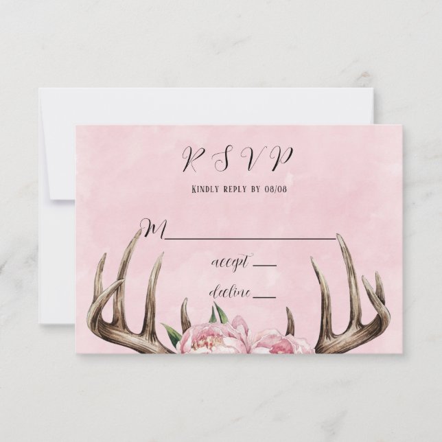Boho Antler mit Pink Peonies Wedding RSVP Karte (Vorderseite)