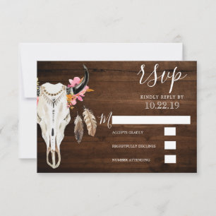Boho Antler Rustic Dark Wood Wedding RSVP Karte