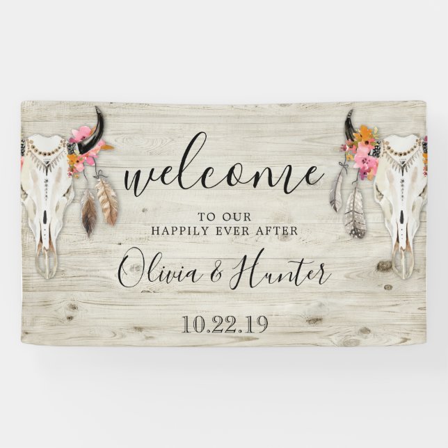 Boho Antler Skull Light Wood Wedding Willkommen Banner (Horizontal)