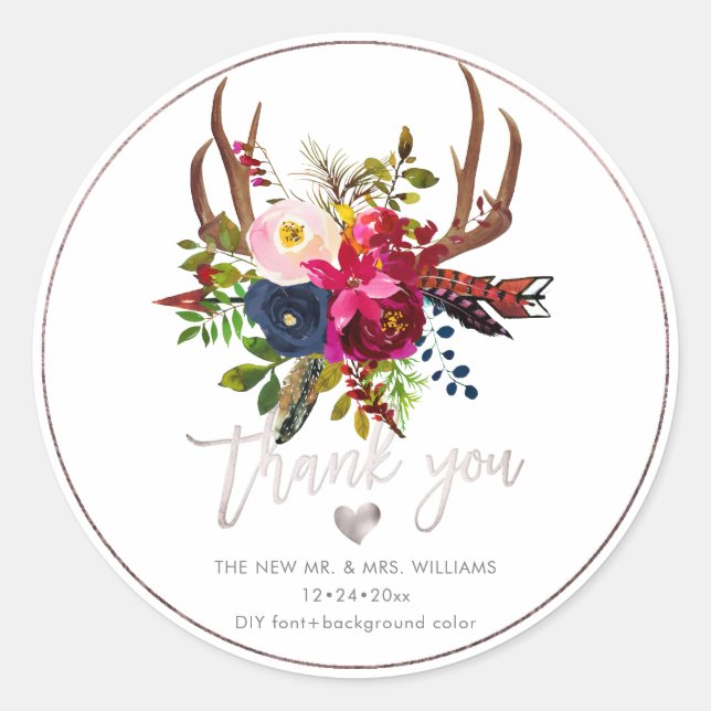 Boho Antlers+Burgundy Blush Navy Blume|Danke Runder Aufkleber (Vorderseite)